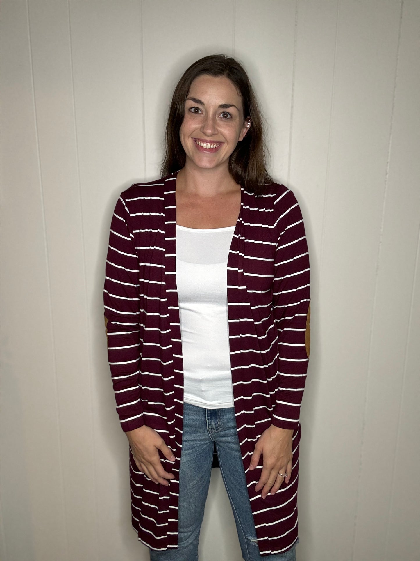 Wine Stripe Cardigan with Elbow Patches