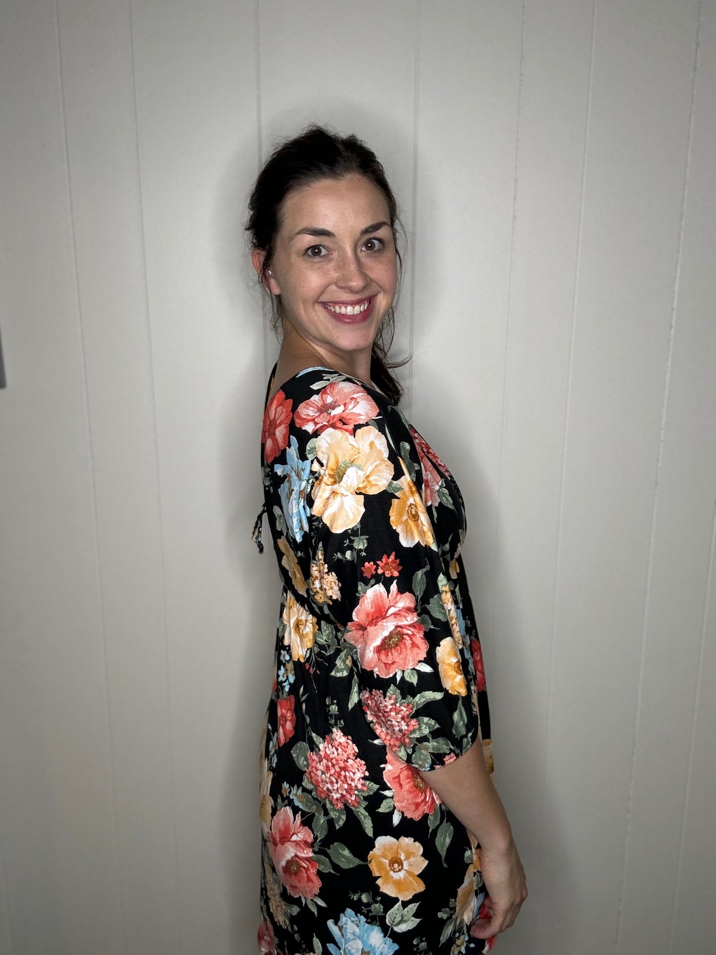 3/4 Sleeve Black Floral Dress