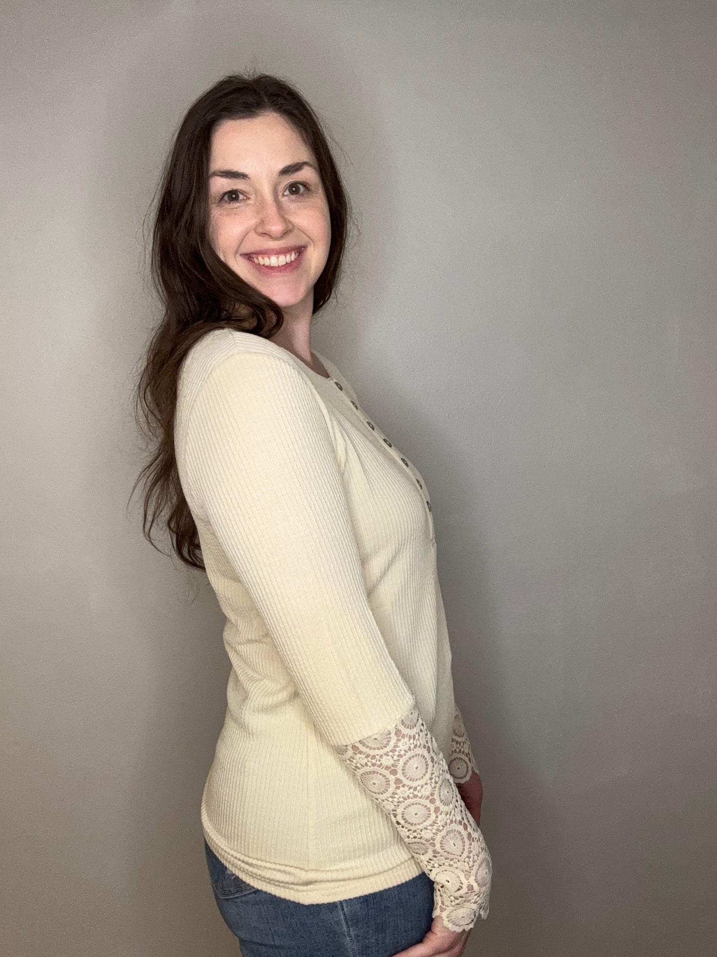 Cream Button Top with Lace Sleeve