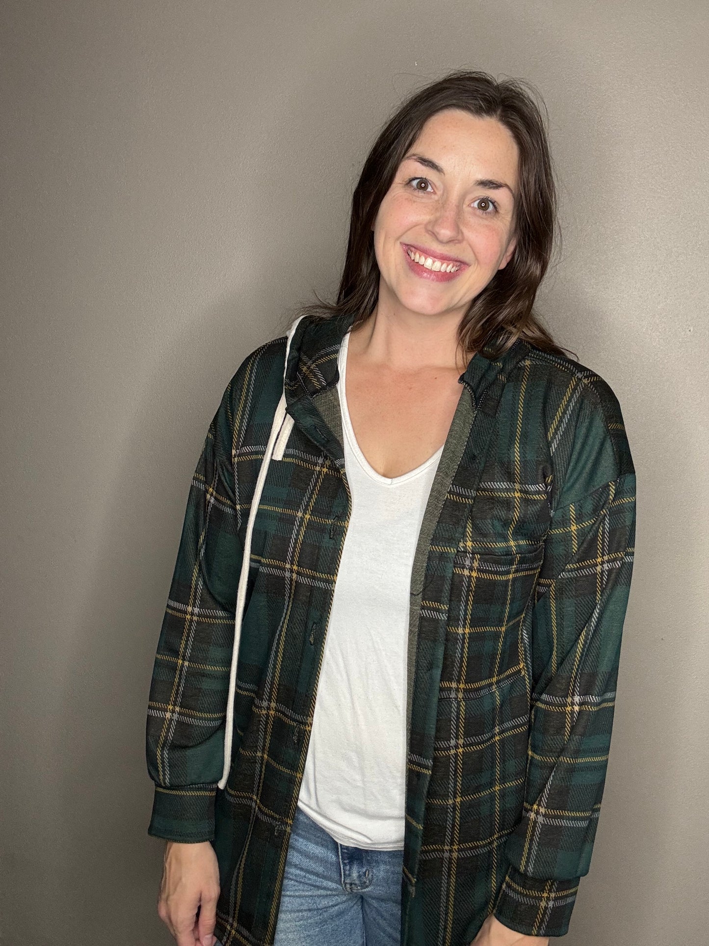 Hooded Plaid Button Down