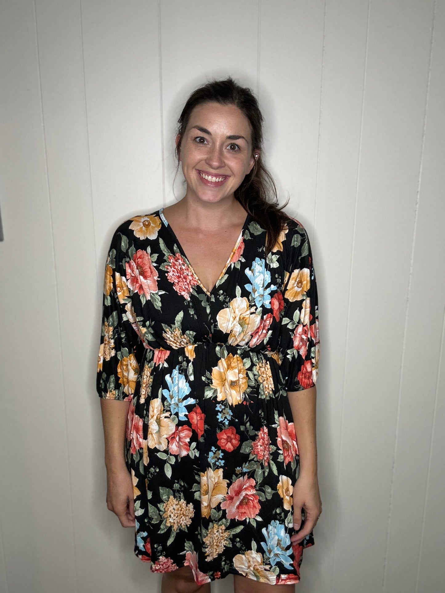 3/4 Sleeve Black Floral Dress