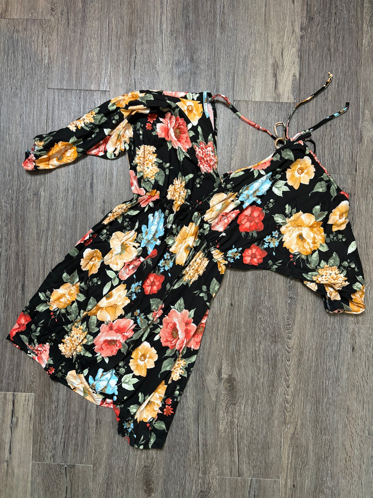 3/4 Sleeve Black Floral Dress