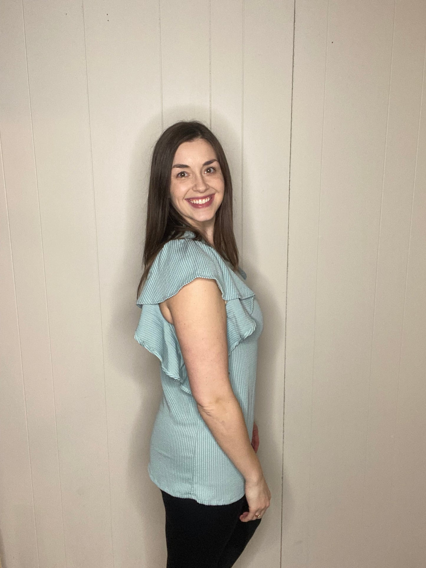 Ribbed Ruffle Sleeve Top