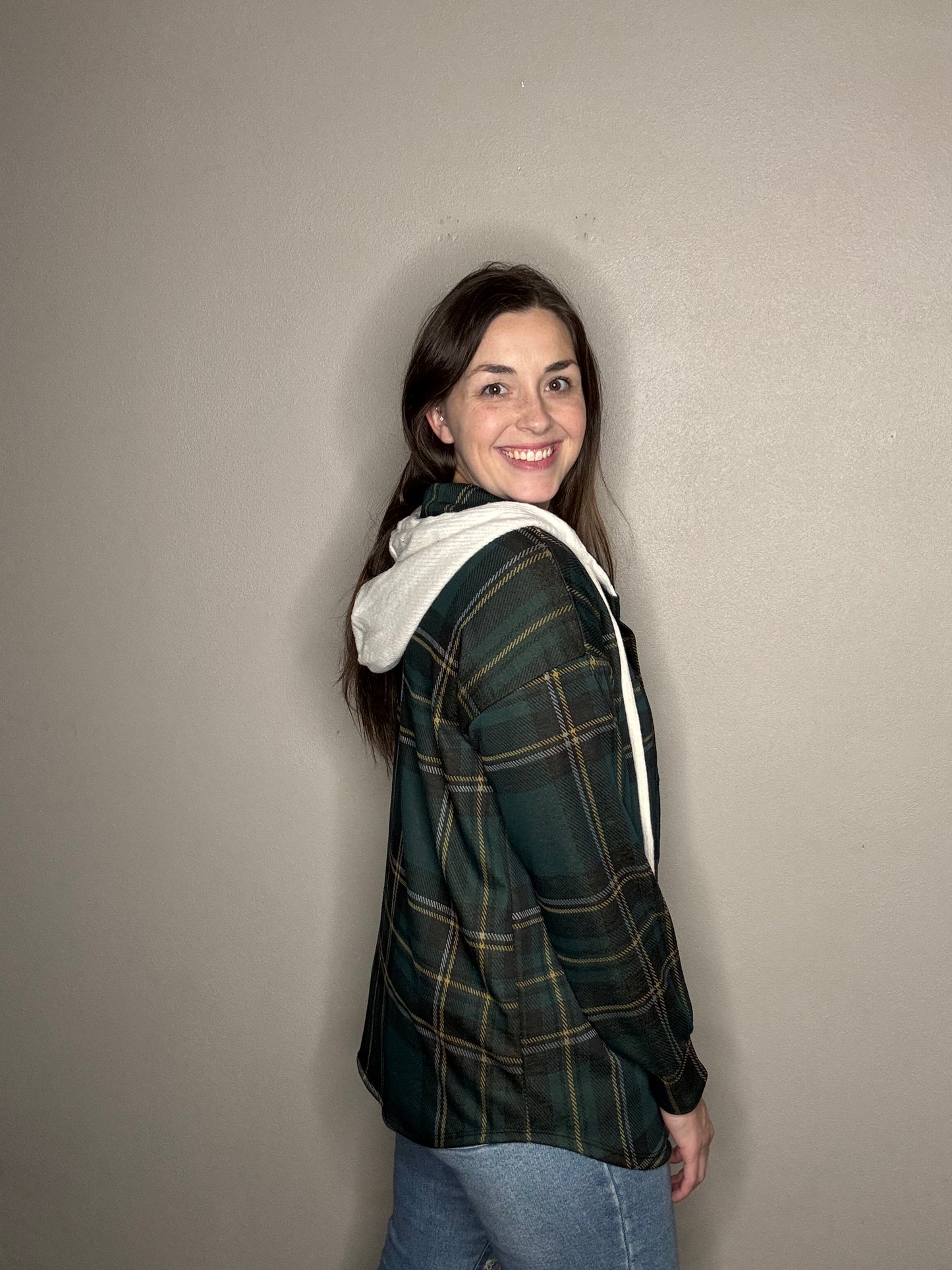 Hooded Plaid Button Down
