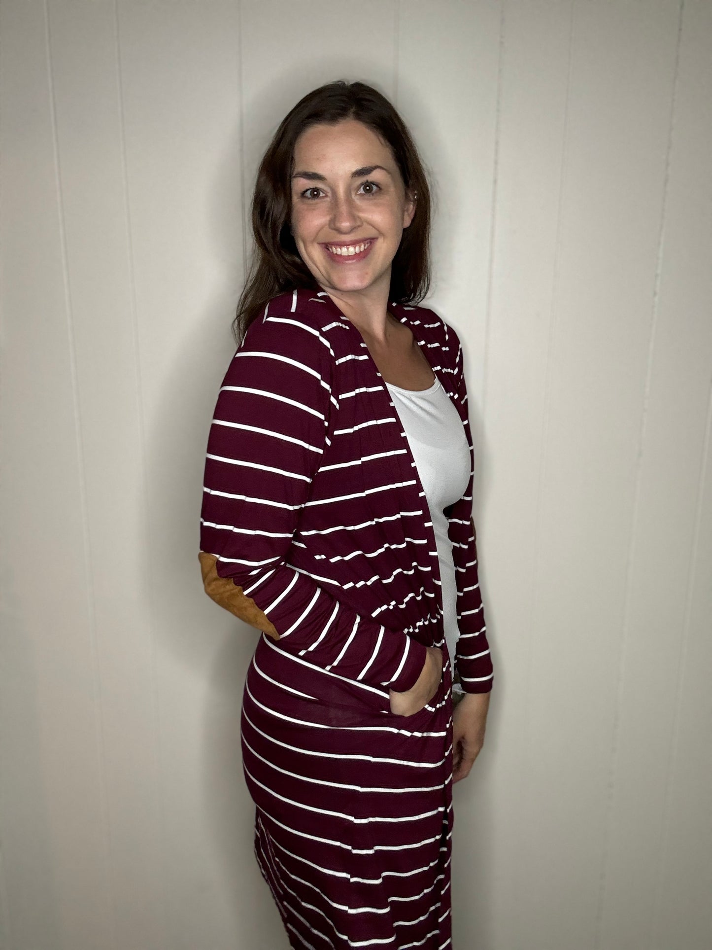 Wine Stripe Cardigan with Elbow Patches