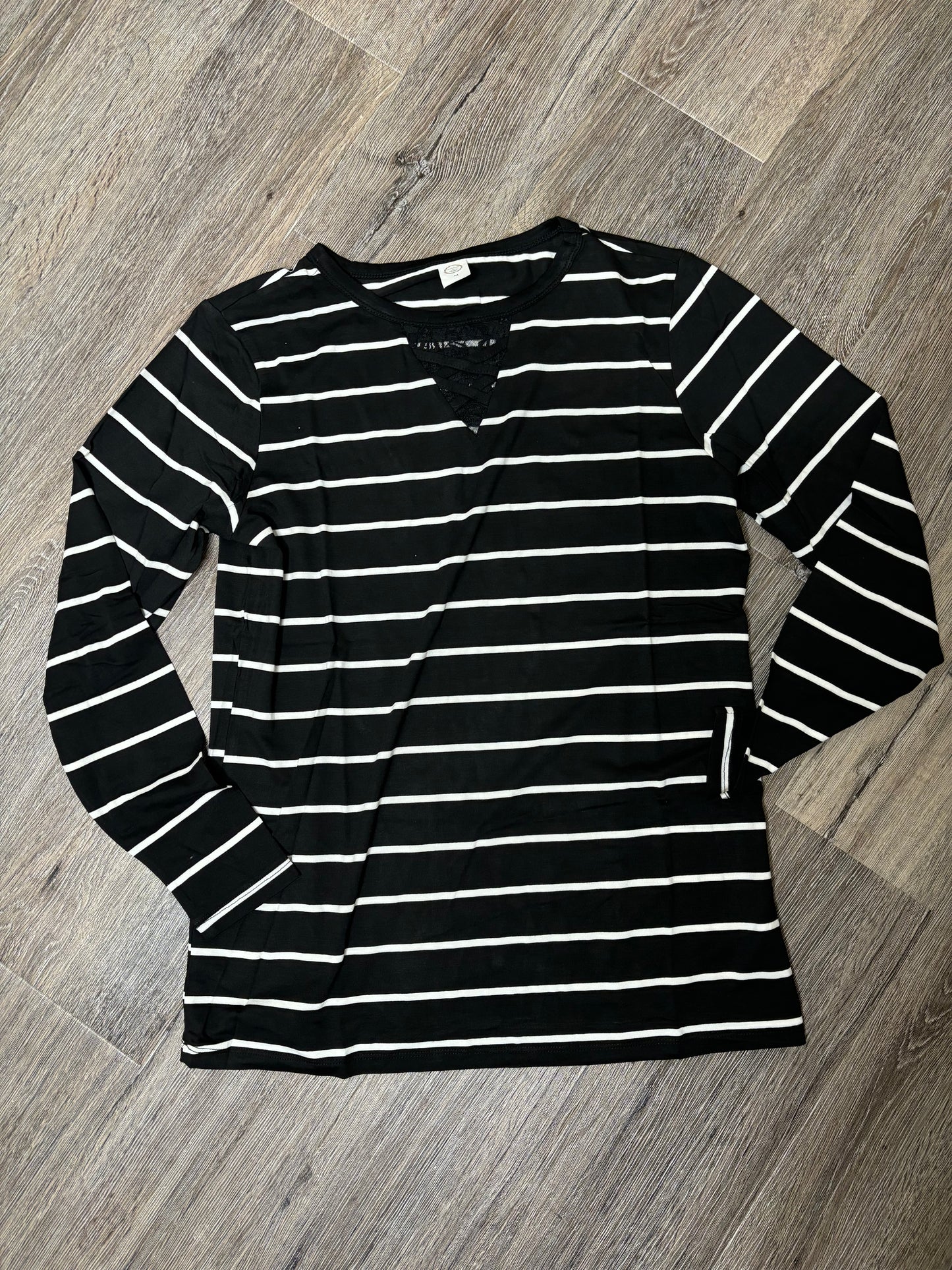 Black Striped Top with Lace Detail