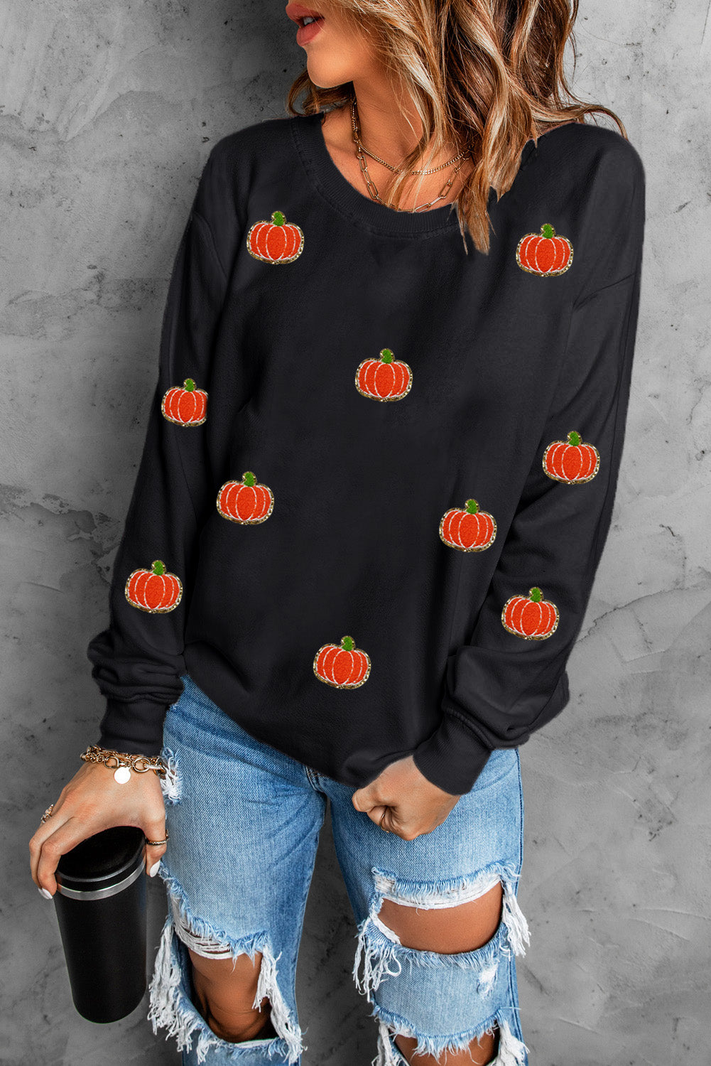 Pumpkin Round Neck Long Sleeve Sweatshirt [Online Exclusive]