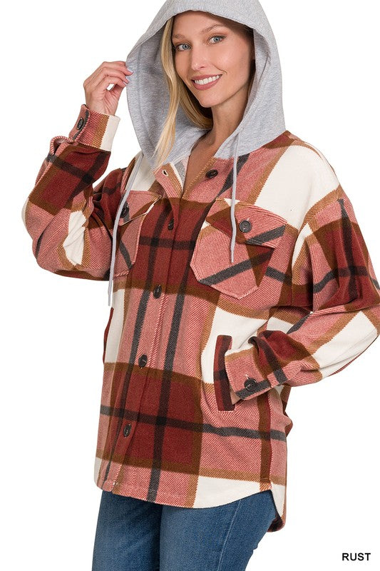 Plaid Drawstring Hooded Fleece Shacket [Online Exclusive]