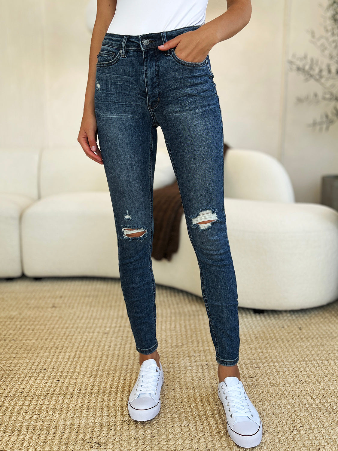 Judy Blue Mid Waist Distressed Slim Jeans [Online Exclusive]