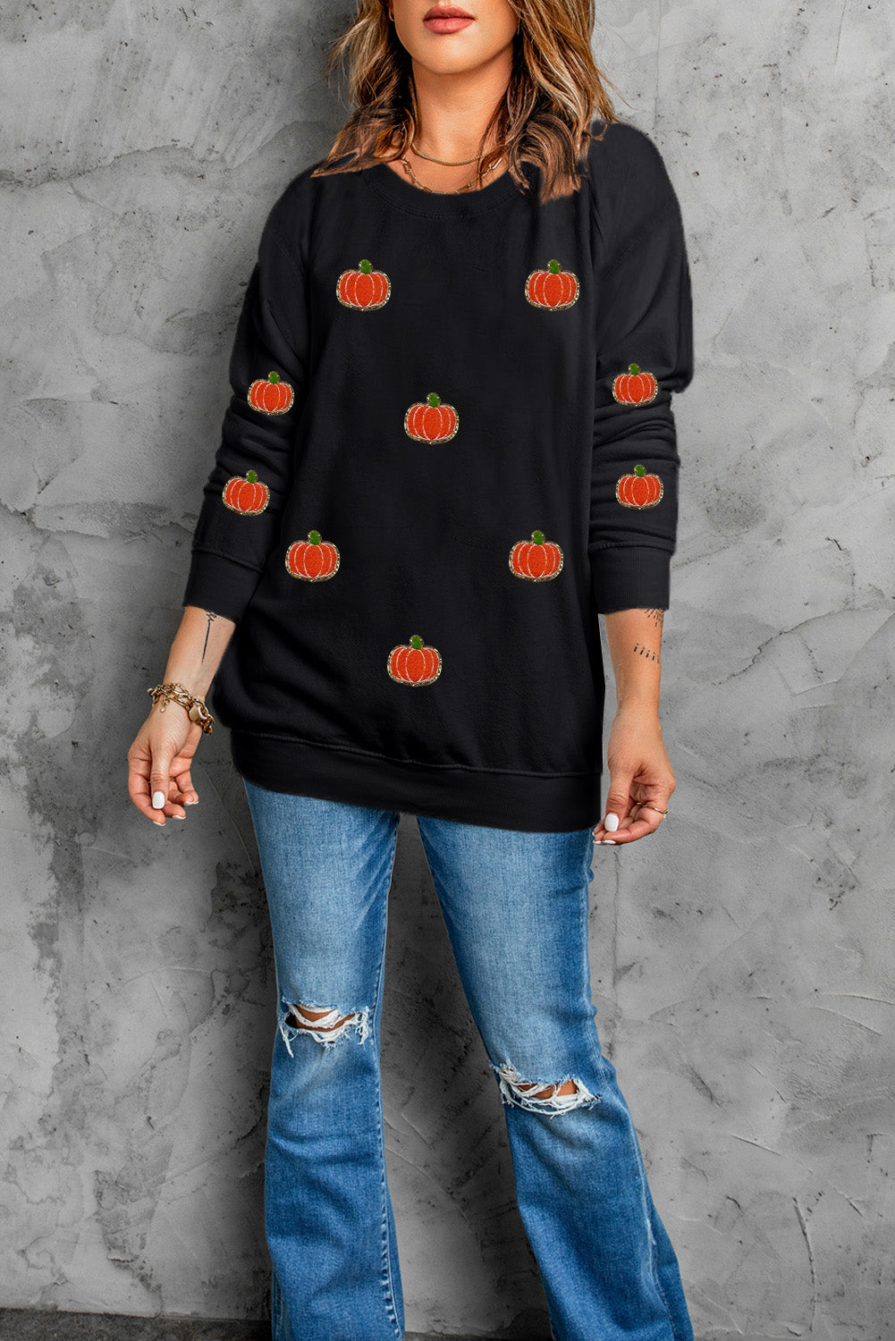 Pumpkin Round Neck Long Sleeve Sweatshirt [Online Exclusive]