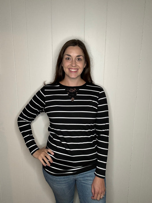 Black Striped Top with Lace Detail