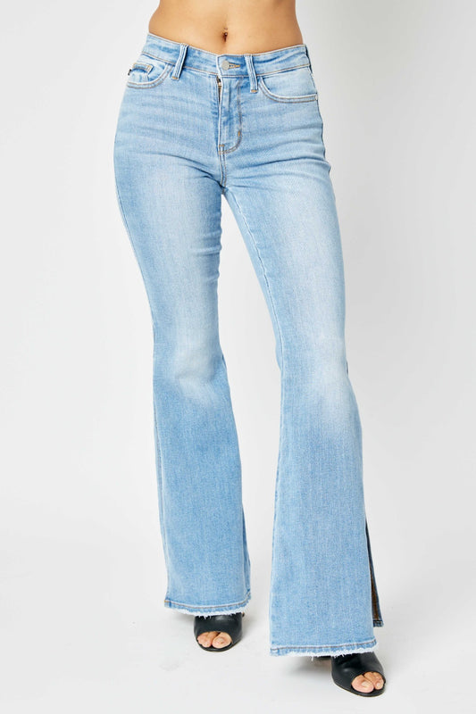 Judy Blue Mid Rise Raw Hem Slit Flare Jeans [Online Exclusive]