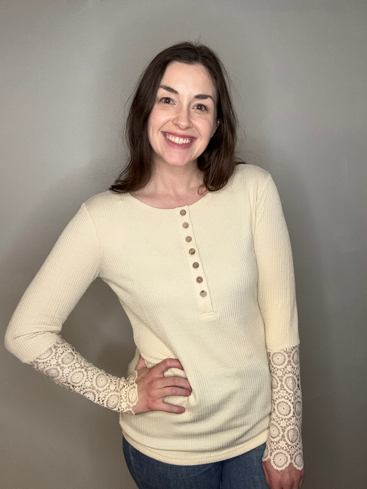 Cream Button Top with Lace Sleeve