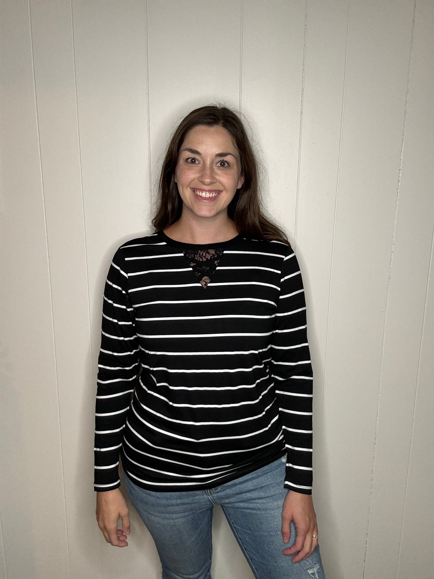 Black Striped Top with Lace Detail