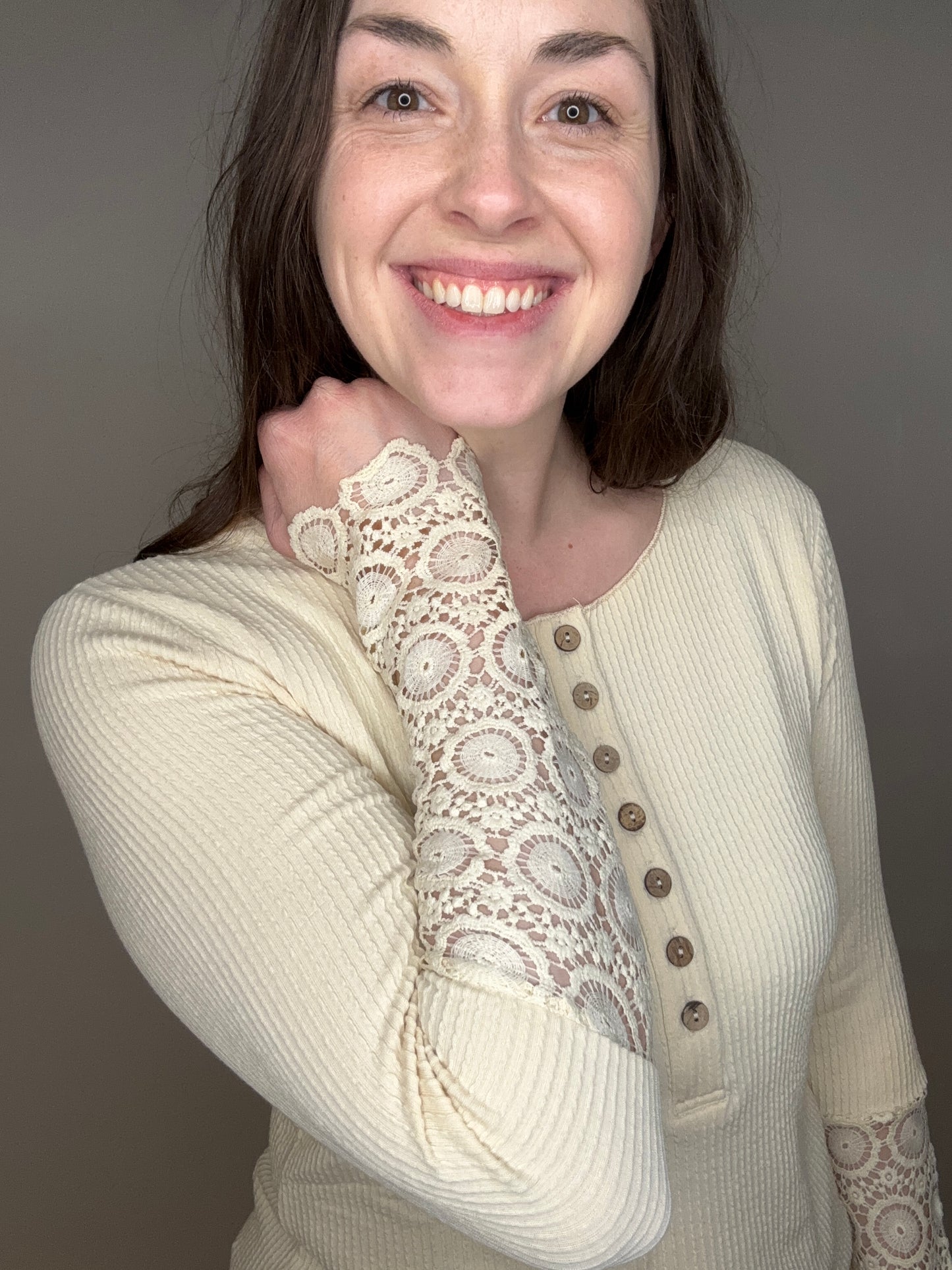 Cream Button Top with Lace Sleeve