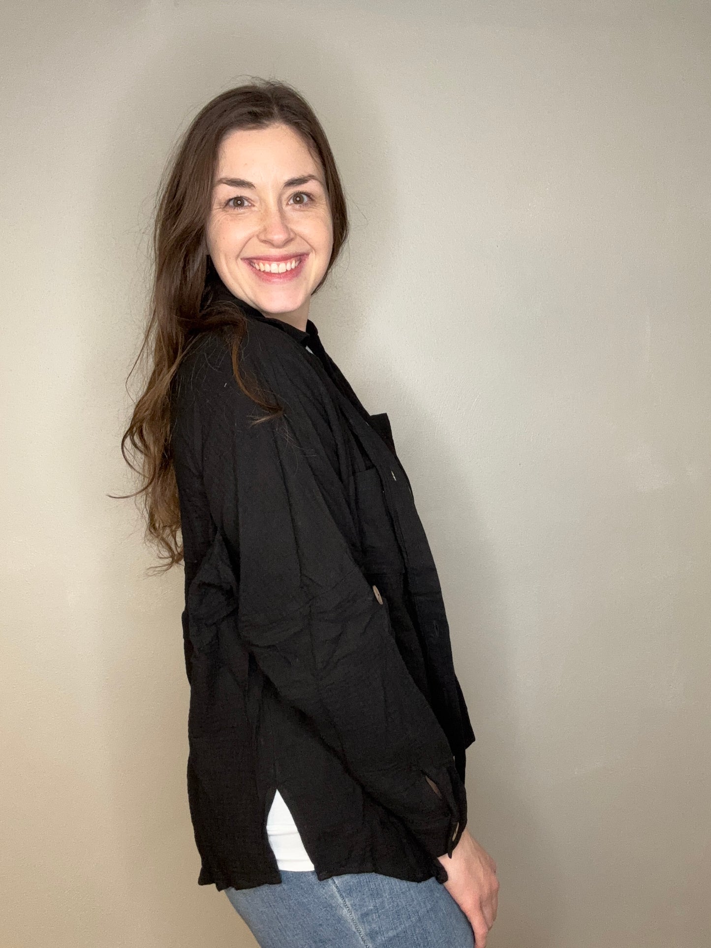 Black Gauzy Button Down