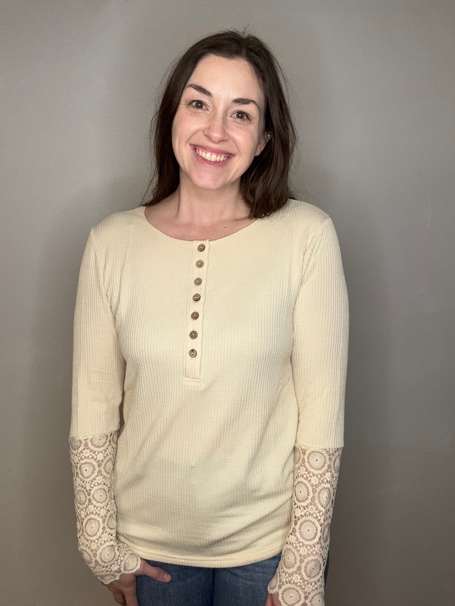 Cream Button Top with Lace Sleeve