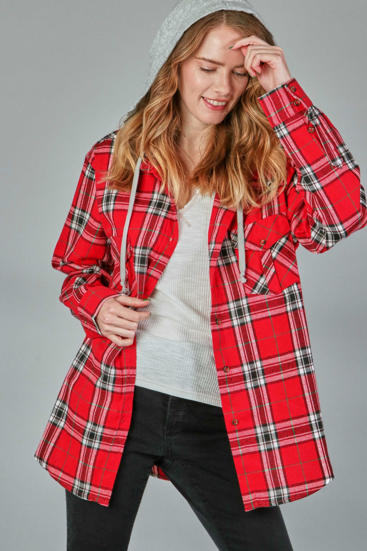 Detachable Hood Plaid Button Down